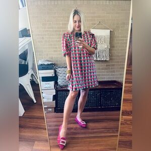 Vibrant Checkered Puff Sleeve Mini Dress